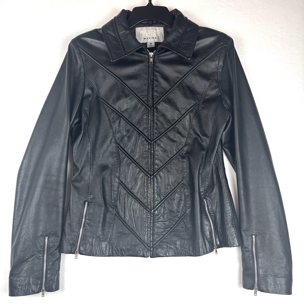 Wilsons Black Soft Leather Jacket Maxima Moto Biker Zippers Stitching Women's M